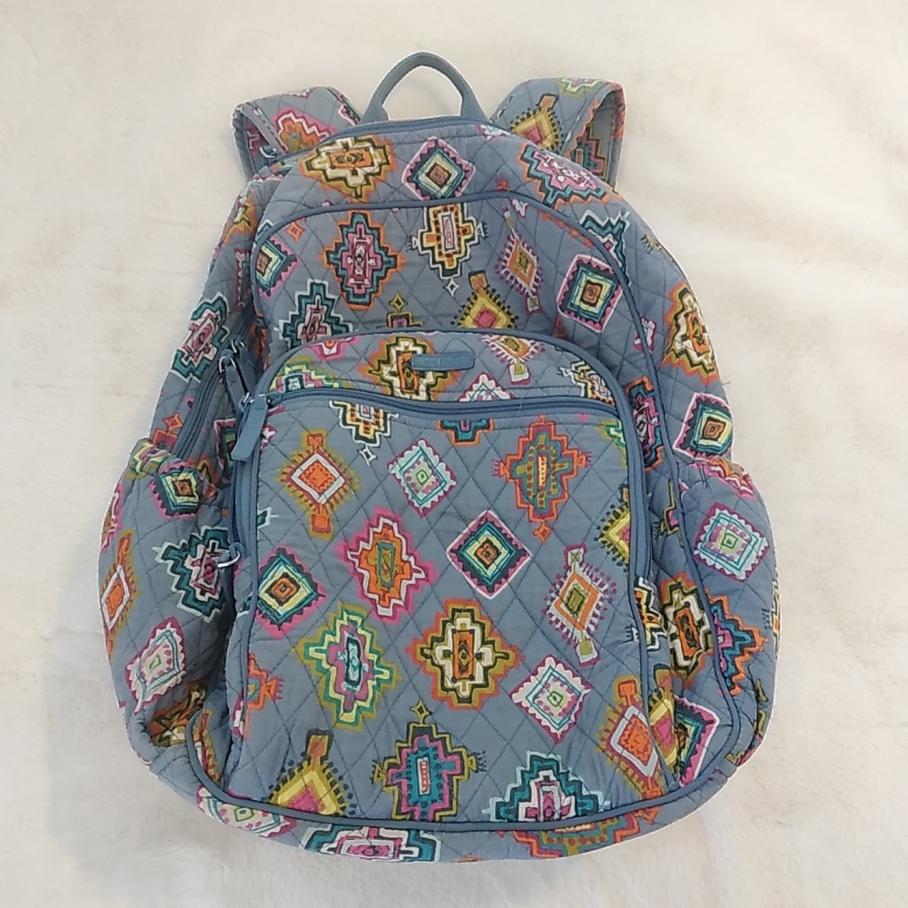 Vera Bradley Blue Quilted Backpack with Multicolor Geometric Print